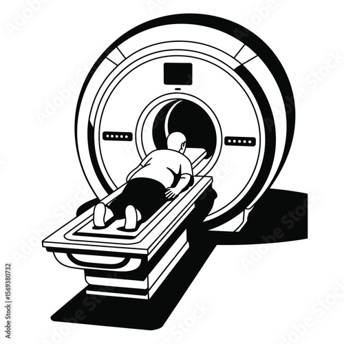 MRI machine with patient sliding in, bold black and white vector illustration representing medical imaging and diagnostic technology