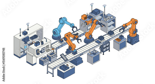 Isometric factory automation scene with robotic arms and conveyor system vector illustration
