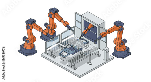 Automated car production line isometric vector illustration for industrial design and manufacturing concepts