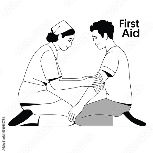 Nurse kneeling beside injured man applying bandage, black and white vector illustration symbolizing first aid and compassionate care