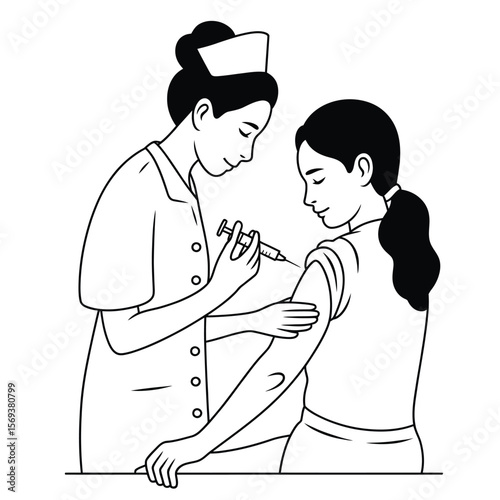 Nurse injecting vaccine into patient’s arm, clean black and white vector illustration representing healthcare and immunization