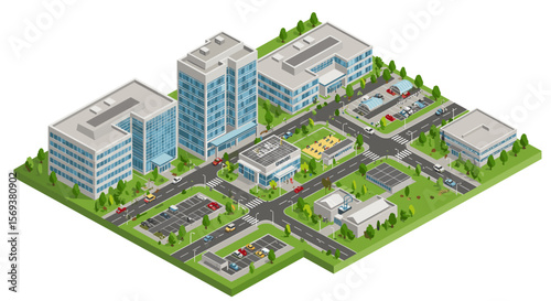 Isometric cityscape design vector illustration of modern urban buildings for architectural planning and tech visualization
