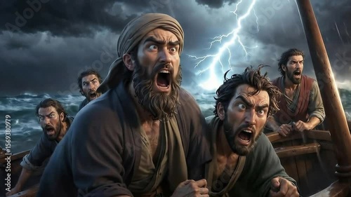Disciples of Jesus on a boat, terrified by the storm. Biblical scene religious concept.