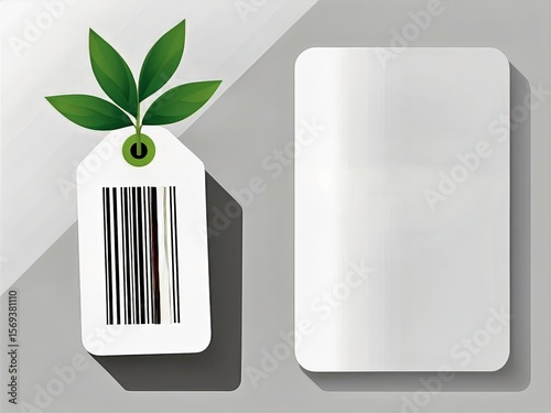 Minimal Barcode Tag with Leaf Accent on White Background