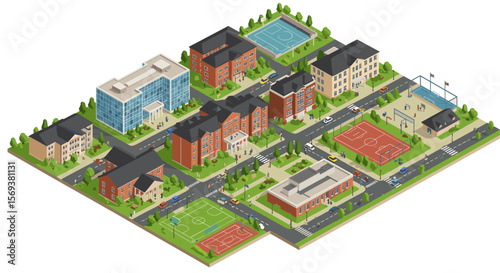 Isometric vector illustration of an urban school complex with sports facilities for design projects