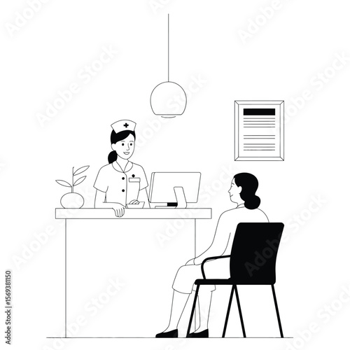 Reception area with nurse talking to patient, black and white vector illustration representing healthcare communication and patient care