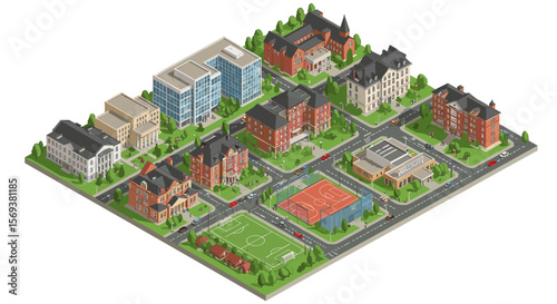 Isometric vector illustration of a university campus with buildings and sports facilities