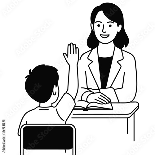 Student raising hand in class with teacher smiling, minimal black and white vector illustration representing classroom interaction