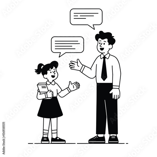 Teacher and student exchanging messages through chat bubbles, black and white vector illustration symbolizing digital communication