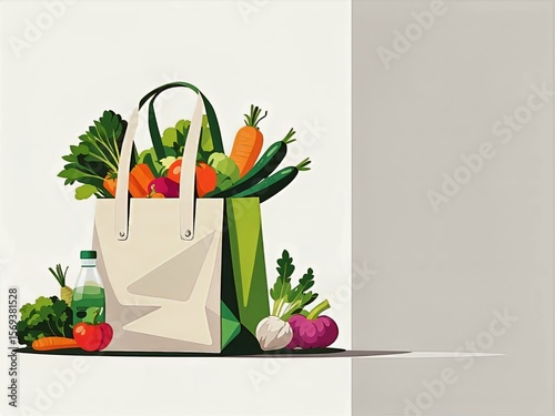 Reusable Grocery Bag Filled with Fresh Vegetables and Bottled Drink