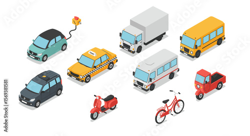 Isometric vector illustration of various vehicles including electric car, taxi, bus, and bicycle for transportation design