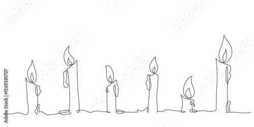 Minimalist continuous line drawing of six burning candles in various shapes and heights, symbolizing light, hope, and the passage of time.  Vector illustration, Editable stroke
