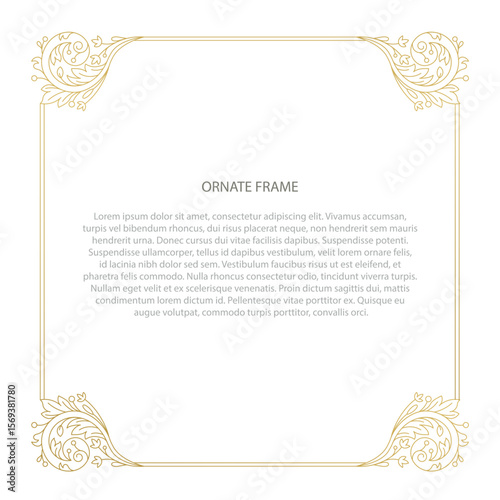 Ornamental frame in Victorian style. This ornate gold frame is perfect for use in wedding stationery designs, personal branding, greeting card, packaging and more.