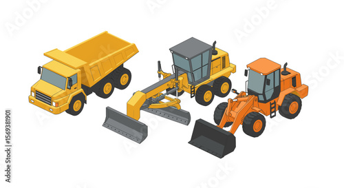 Construction vehicles vector illustration: bulldozer, dump truck, and excavator in isometric style for educational and design use