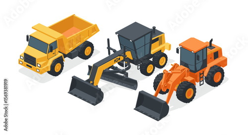 Construction vehicles isometric vector illustration for design and print posters