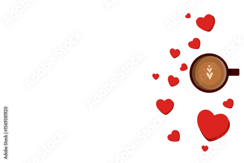 Background design concept of coffee cup with 3D heart shapes isolated on white background - vector illustration