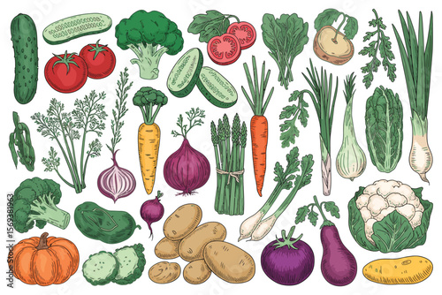 Hand Drawn Collection of Fresh Colorful Vegetables