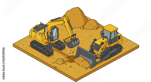 Construction equipment in action: vector illustration of excavator and bulldozer in a dirt worksite scene