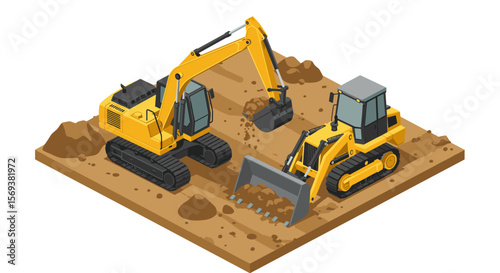 Construction equipment in action: isometric vector illustration of excavator and bulldozer