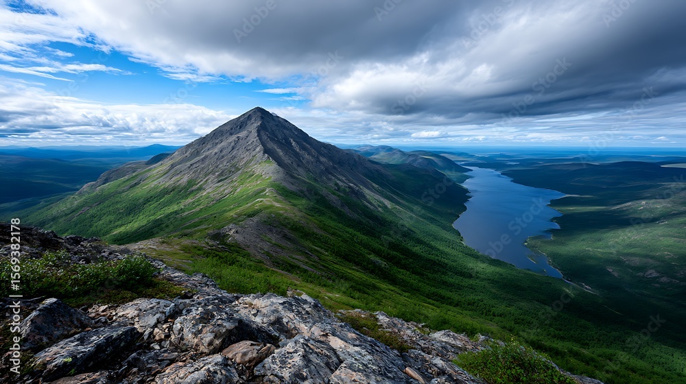 Fototapeta premium Panoramic view of majestic mountains and flowing river / 雄大な山々と青く続く川のパノラマビュー