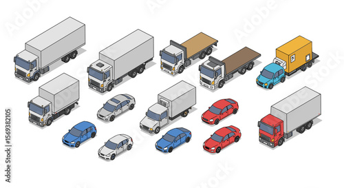 Isometric vector illustration of various cars and trucks for design and transport concepts