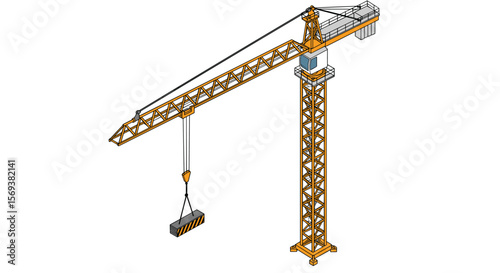 Tower crane construction machinery vector illustration in isometric style for industrial design