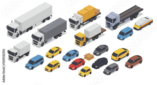 Isometric vector illustration of diverse vehicles collection for transportation and logistics design