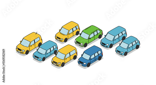 Isometric vector illustration of colorful cars in a row for design and print