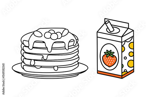Pancakes with Syrup and Strawberry Juice Box Vector Illustration