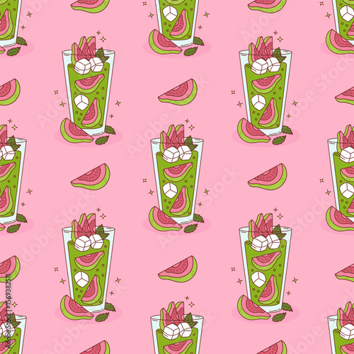 Seamless Pattern Guava Green Drink with tropical Fruit slices, ice cubes and Mint on Pink Background. Vector illustration