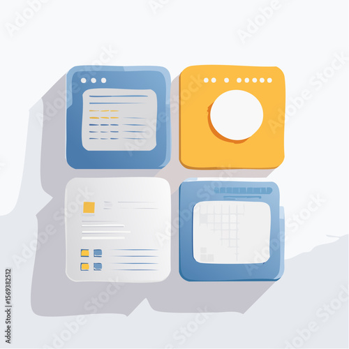 An editable vector layout of UI card components for apps or websites. Includes placeholders for images, text, and buttons in a clean flat style.