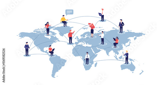Global connectivity and remote work vector illustration - world map concept for digital communication and networking