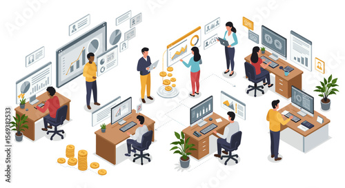 Isometric vector illustration of a busy office environment with people analyzing data for business strategy and productivity