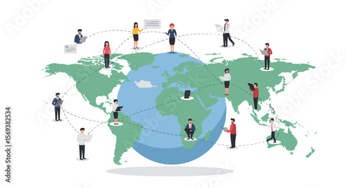 Global communication network concept with people connecting across continents vector illustration for business design