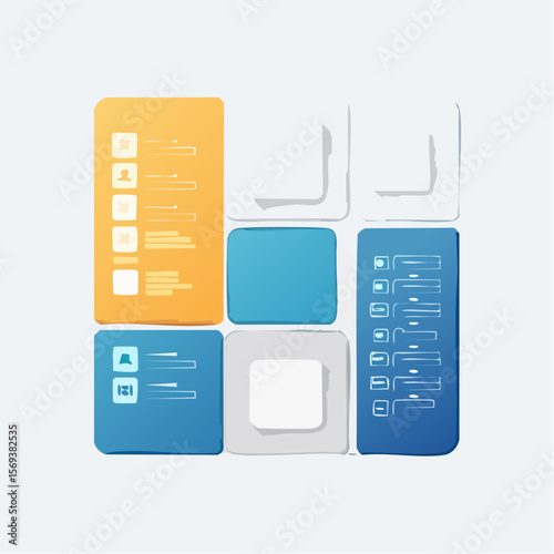 An editable vector layout of UI card components for apps or websites. Includes placeholders for images, text, and buttons in a clean flat style.