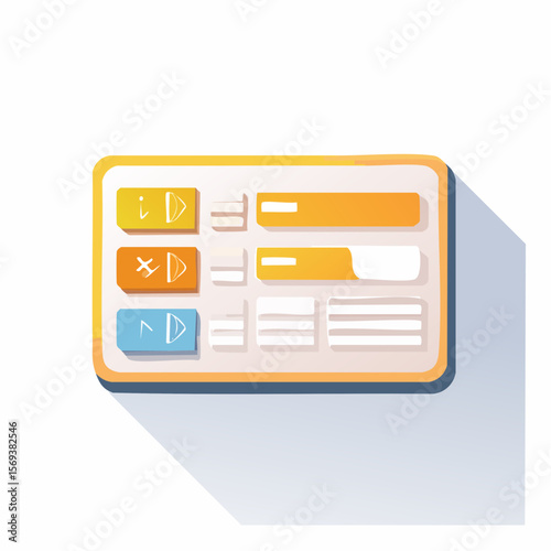 An editable vector layout of UI card components for apps or websites. Includes placeholders for images, text, and buttons in a clean flat style.