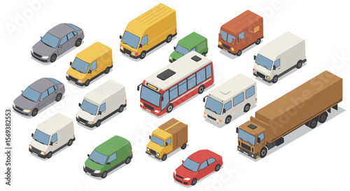 Isometric vector illustration of diverse transportation vehicles for urban design projects