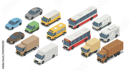 Isometric vehicles vector illustration: diverse fleet for urban transport and logistics design