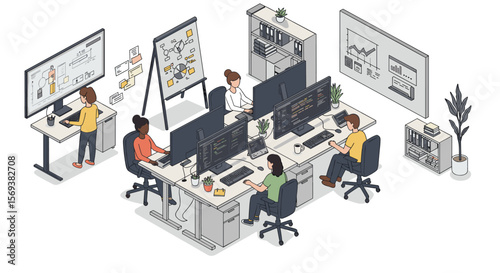 Modern office workspace with diverse team of developers in isometric style vector illustration