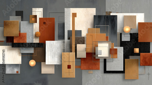 Modern abstract design featuring geometric shapes in earthy tones of beige brown and grey on a textured background