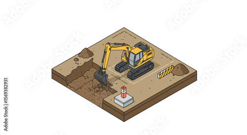 Isometric vector illustration of a construction site with excavator for design and print