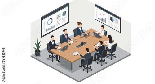 Business meeting in office conference room vector illustration for corporate design and project presentation in isometric style