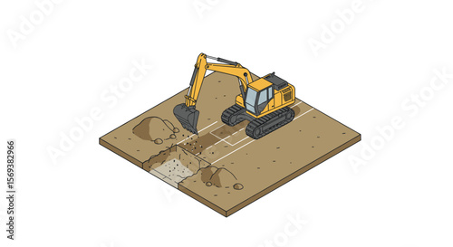 Isometric construction excavator vector illustration for engineering and industrial designs