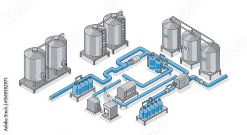 Isometric vector illustration of industrial water treatment plant design for environmental engineering
