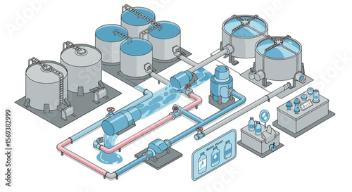 Isometric vector illustration of a water treatment plant facility for educational and environmental design