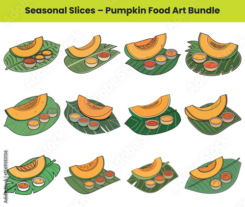Pumpkin Slices with Dipping Sauces on Tropical Leaves Cartoon Food Art