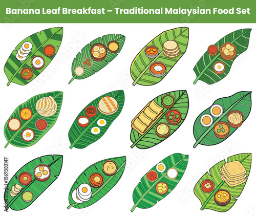 Banana Leaf Breakfast Malaysian Food Variety with Eggs, Curry, and Roti Canai