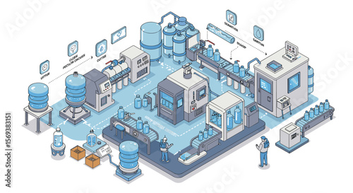 Isometric vector illustration of water bottling plant with automated machinery for industrial manufacturing design
