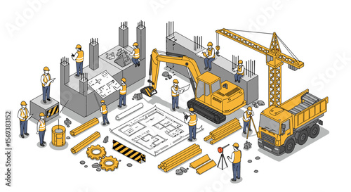 Isometric construction site vector illustration - engineering design for project planning, featuring workers, machinery, and architectural plans