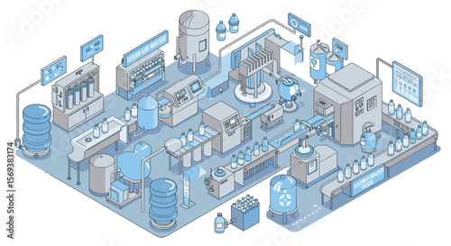 Isometric vector illustration of water bottling plant production line for industrial design
